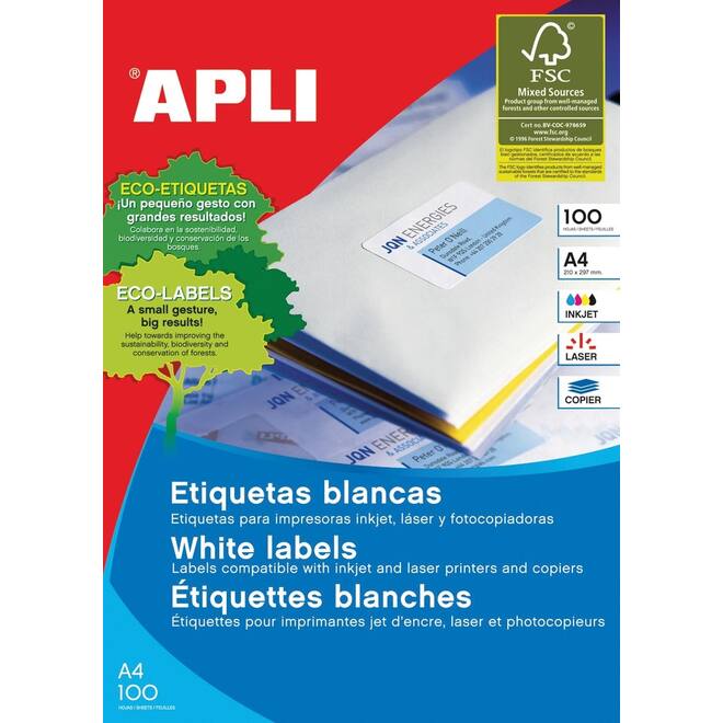 Etiketten Apli A4 210 x 297 , 100 vel